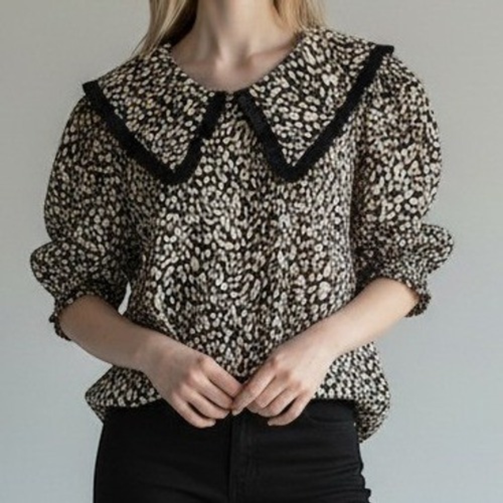 Calista Leopard Print Peter Pan Collar Blouse Mutton Sleeve Boho Large Black Tan